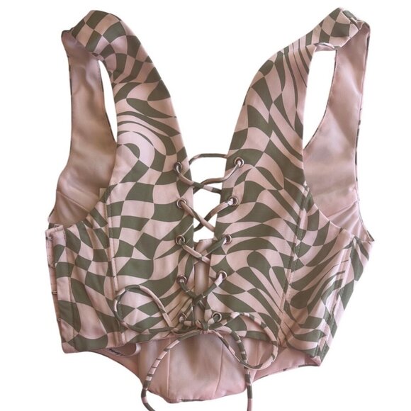 For Love and Lemons Nomi Lace-up Checkered Pink and Green Corset Top Size XXS - Picture 9 of 16